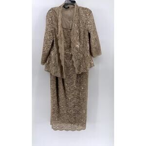 SLNY Women's Plus Beige Floral Lace Straight-Neck Sheath 2pc Dress SZ 14W